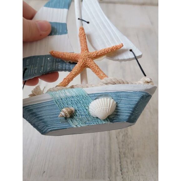 Wooden sail boat blue starfish glitter shell large ornament xmas - Picture 3 of 6